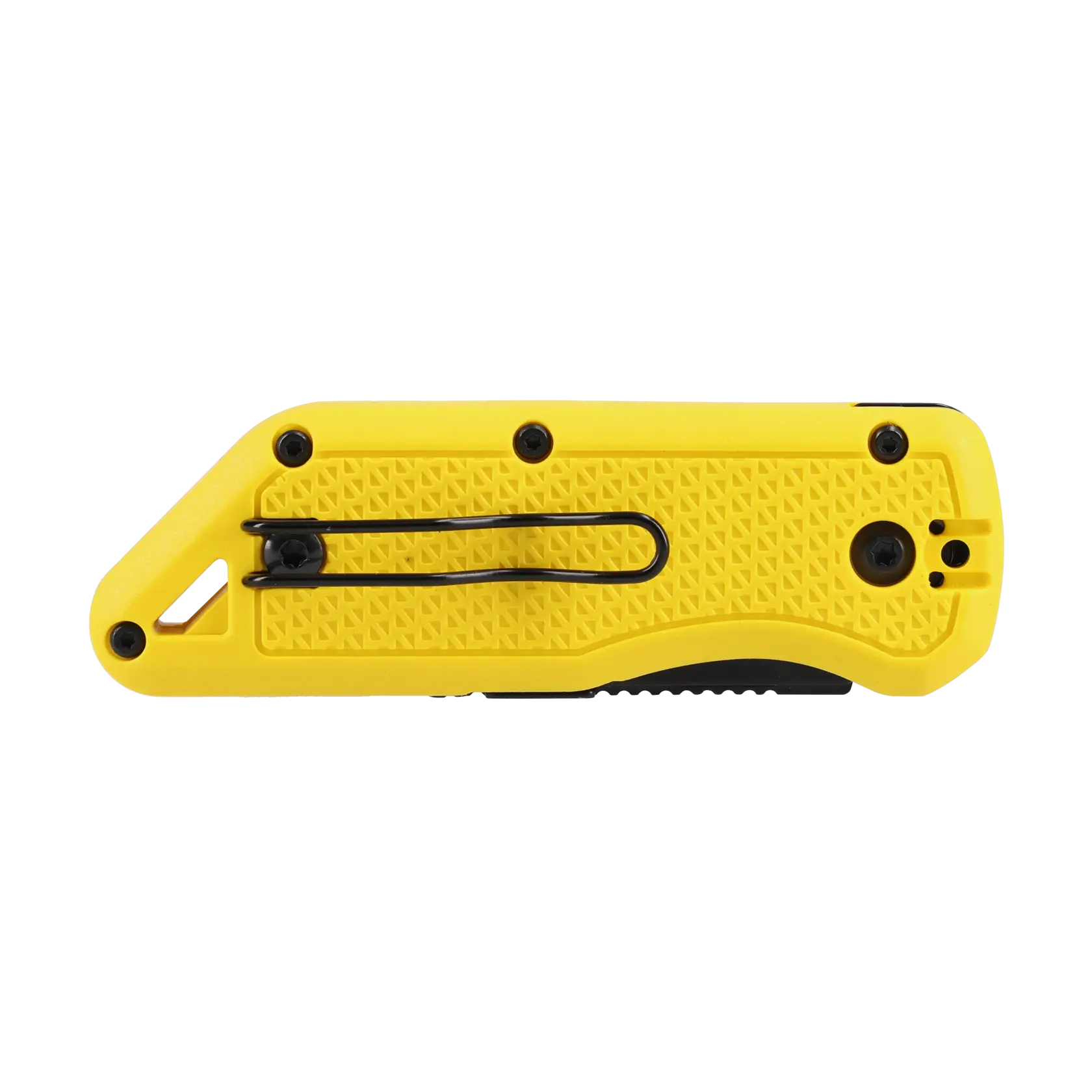 STANLEY STHT10520-0 yellow folding utility knife, side view, featuring textured grip and black pocket clip.