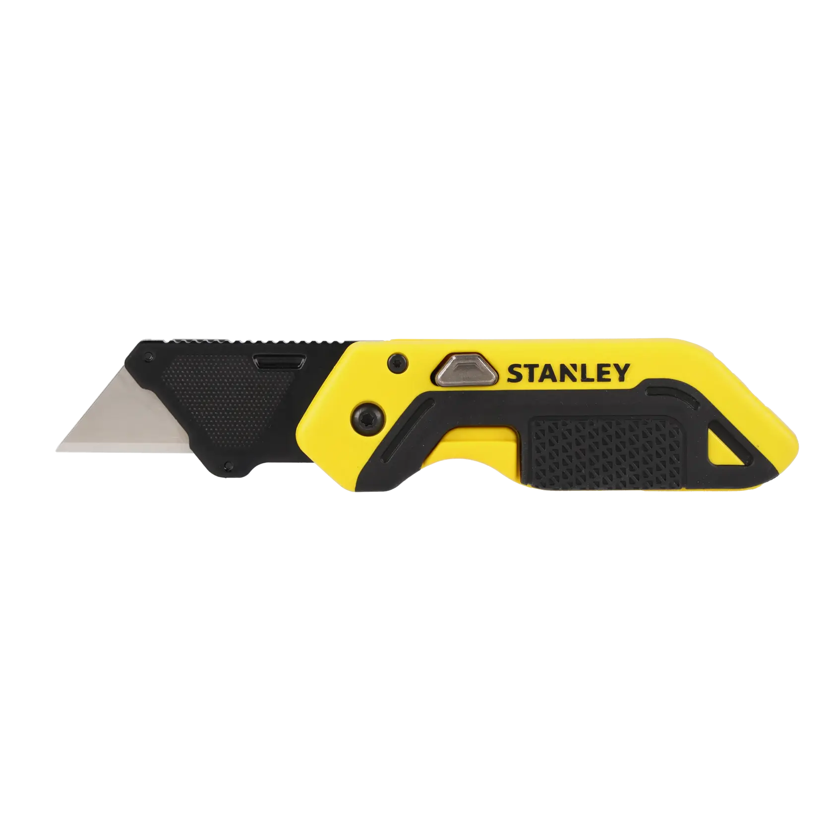 Photo of STANLEY STHT10521-0 utility knife with yellow and black handle, side view, blade extended.