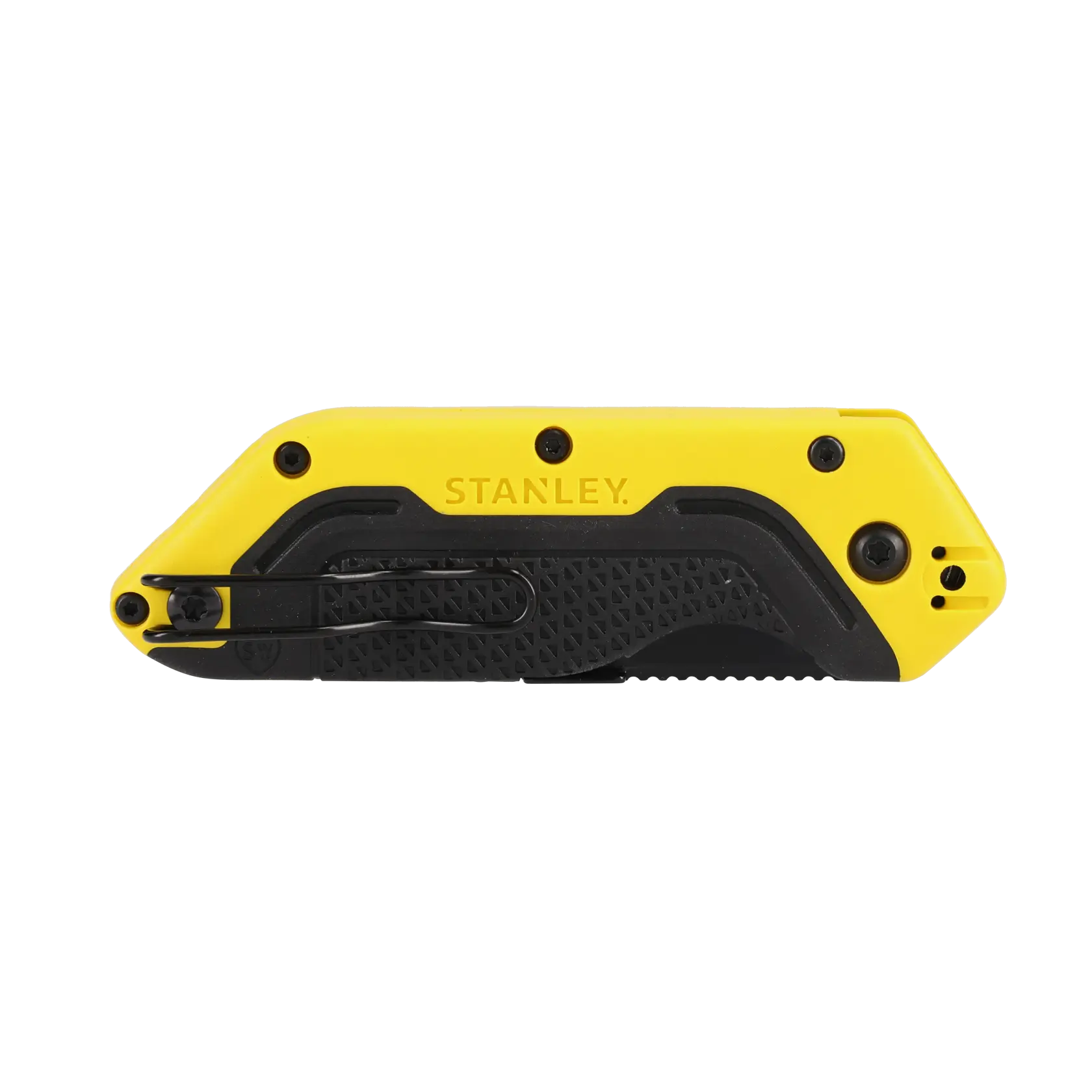Photo of STANLEY STHT10521-0 folding utility knife, yellow and black, side view, compact with belt clip.