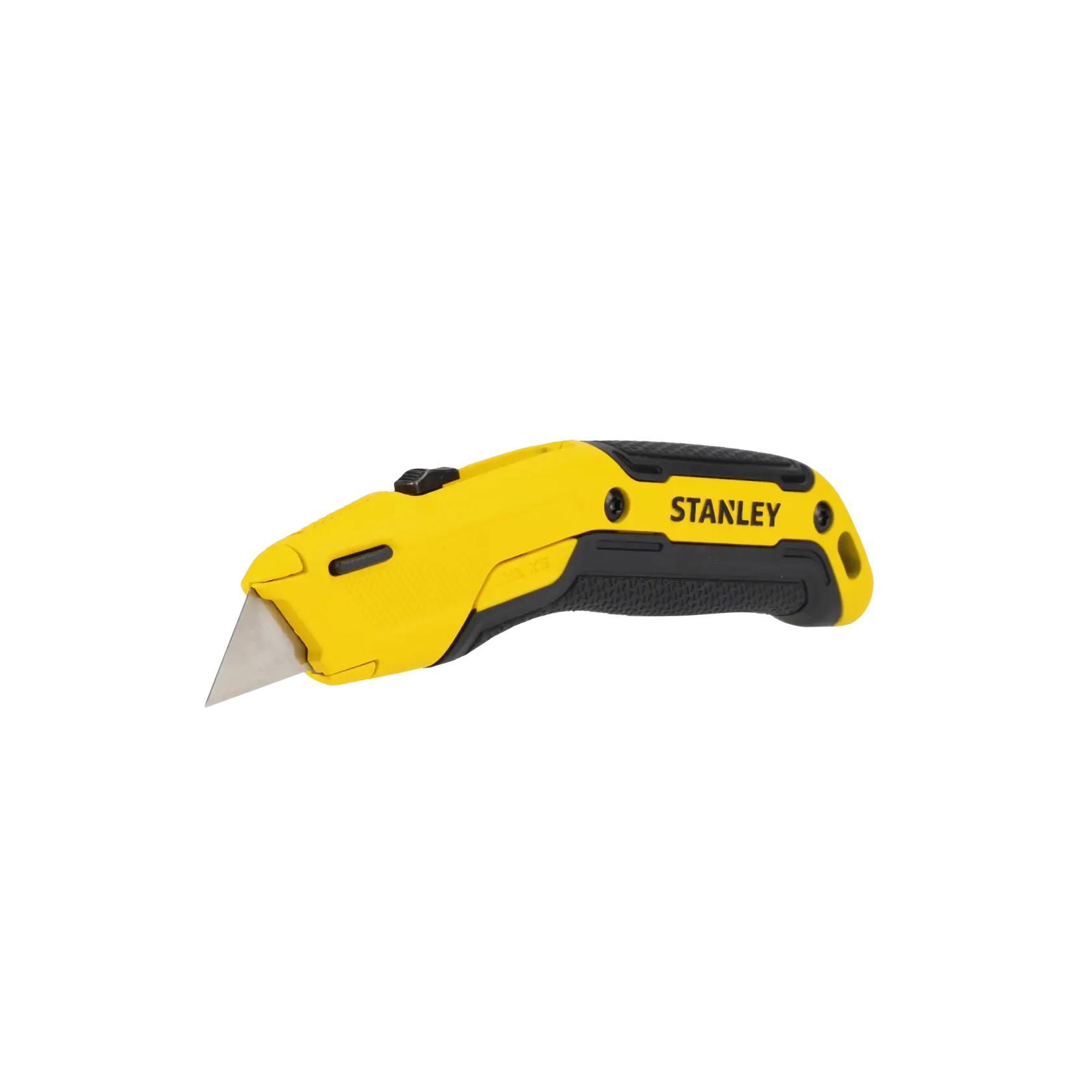 A Stanley utility knife with a yellow and black handle and a retractable metal blade, shown against a white background.