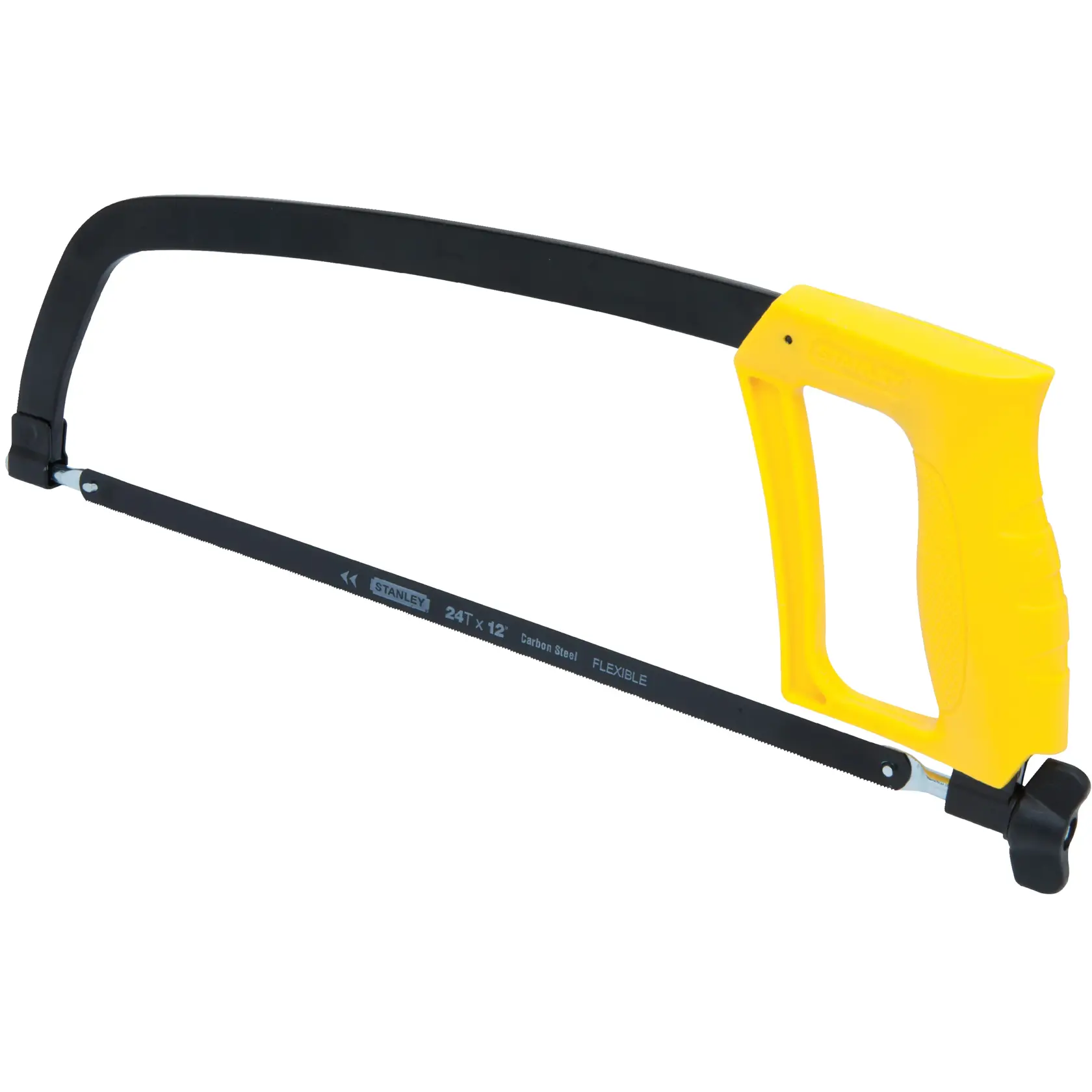 Stanley hacksaw with black metal frame and yellow ergonomic handle, side angle on white background