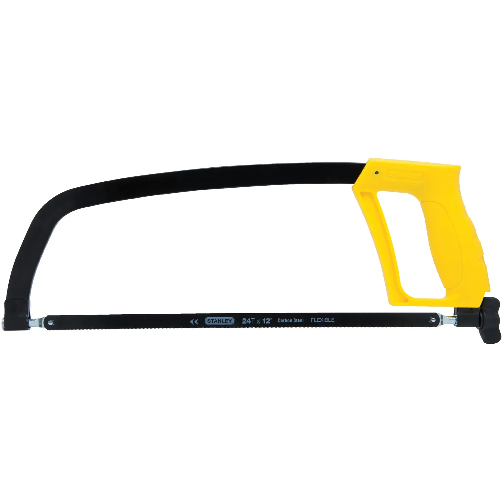 STANLEY STHT20138 hacksaw with yellow handle, side angle, black frame and blade on white background.
