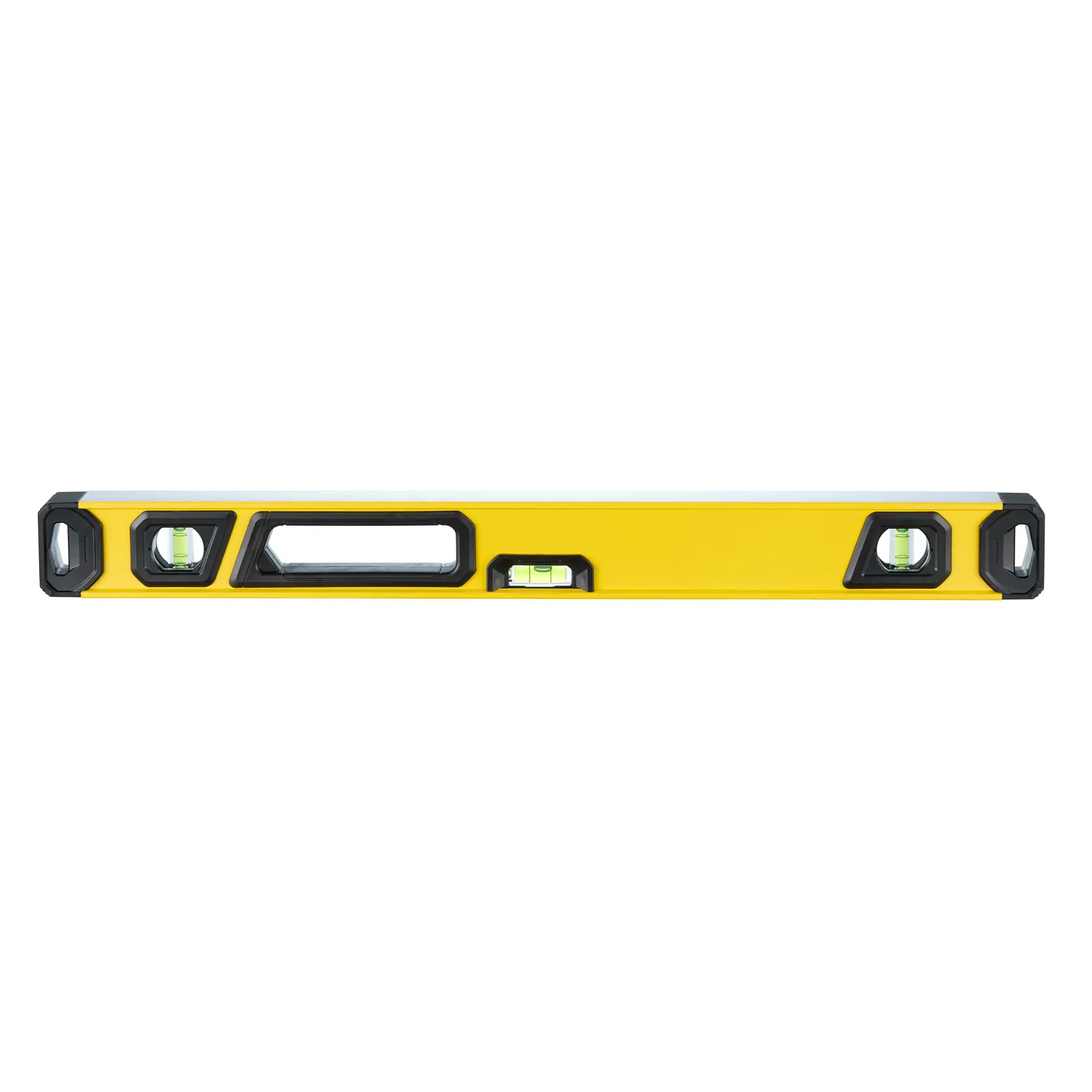 A yellow and black spirit level tool with three vials, used for measuring horizontal and vertical alignment.