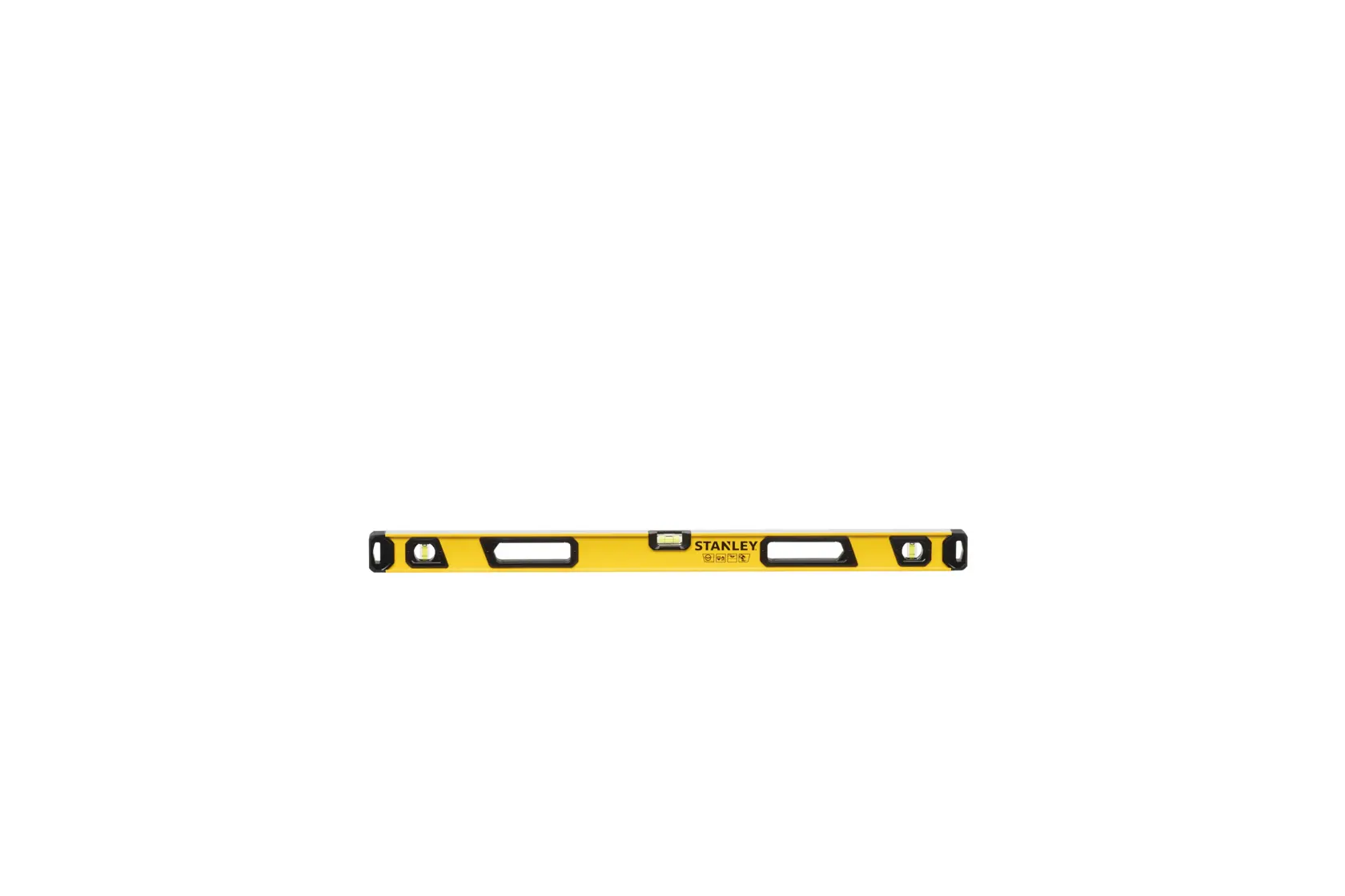 A yellow Stanley spirit level with black accents and three bubble vials, shown against a white background.