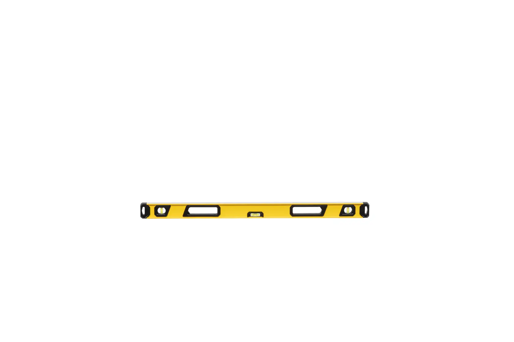 A yellow and black spirit level tool, used for measuring and ensuring surfaces are level, shown against a white background.