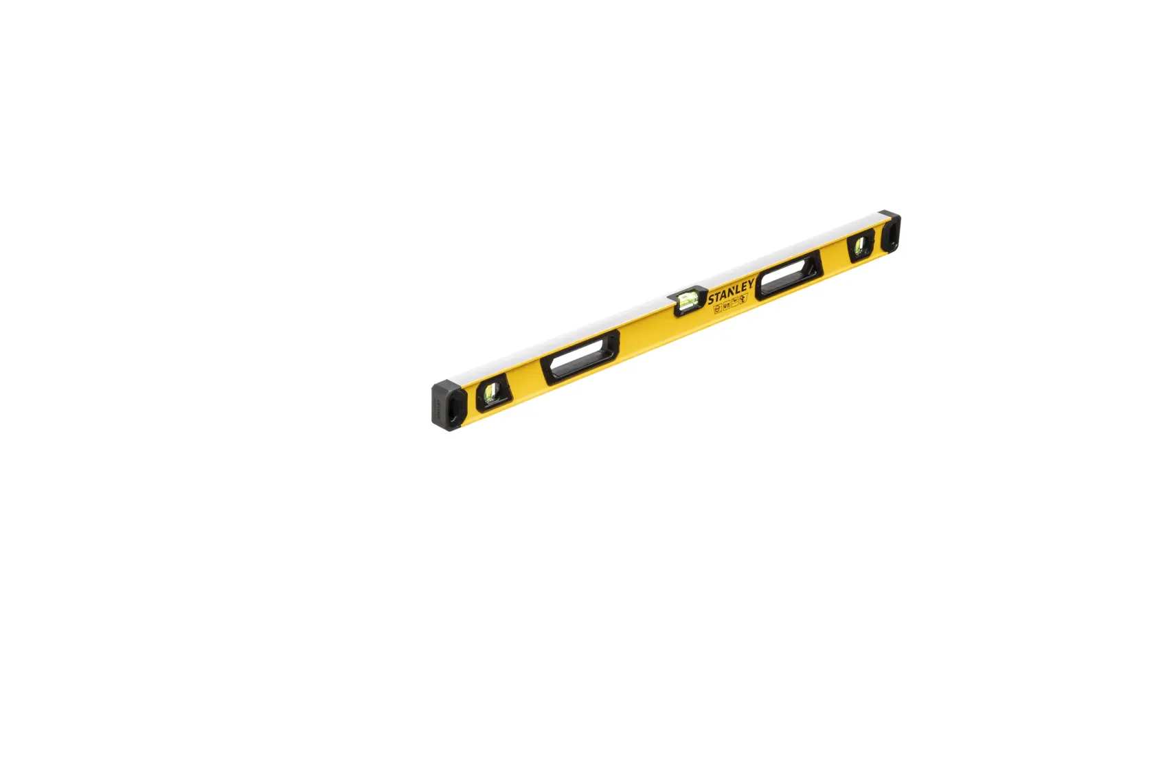A yellow STANLEY spirit level tool with three bubble vials, designed for accurate leveling in construction and DIY projects.