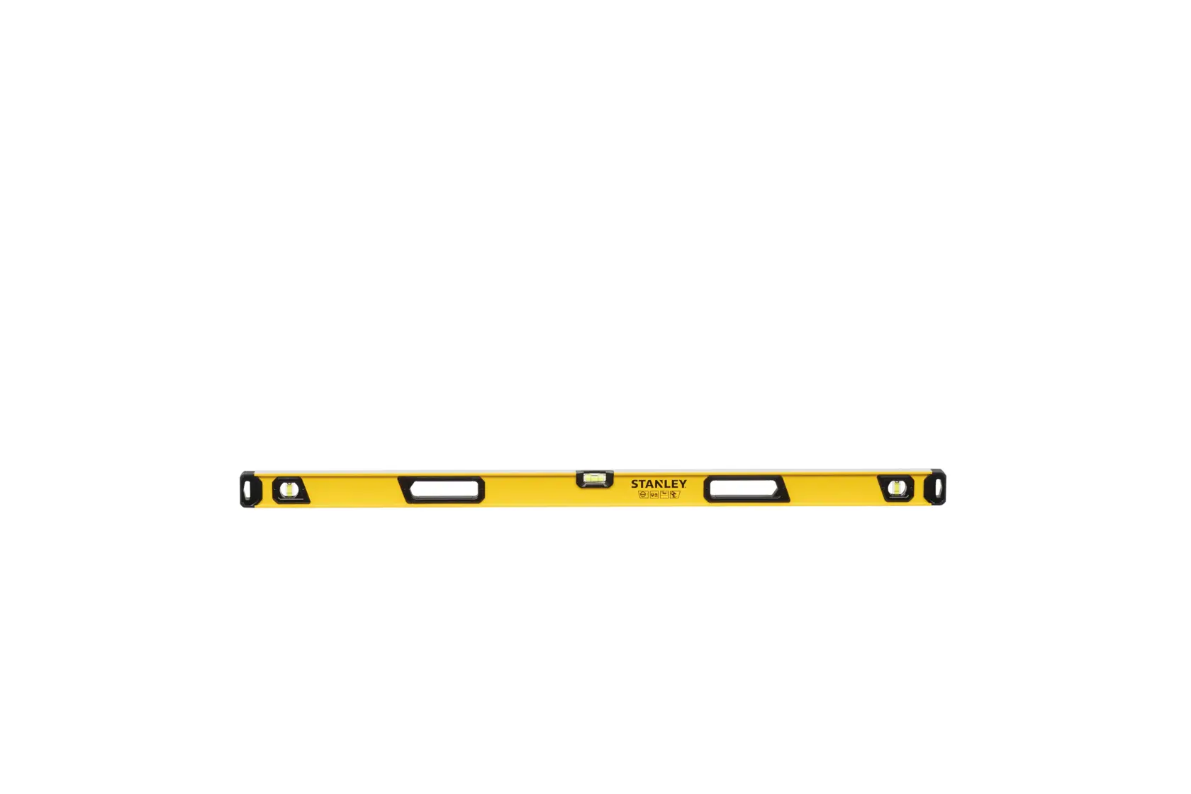 A yellow STANLEY spirit level with black end caps and multiple viewing windows for bubble vials, shown on a white background.