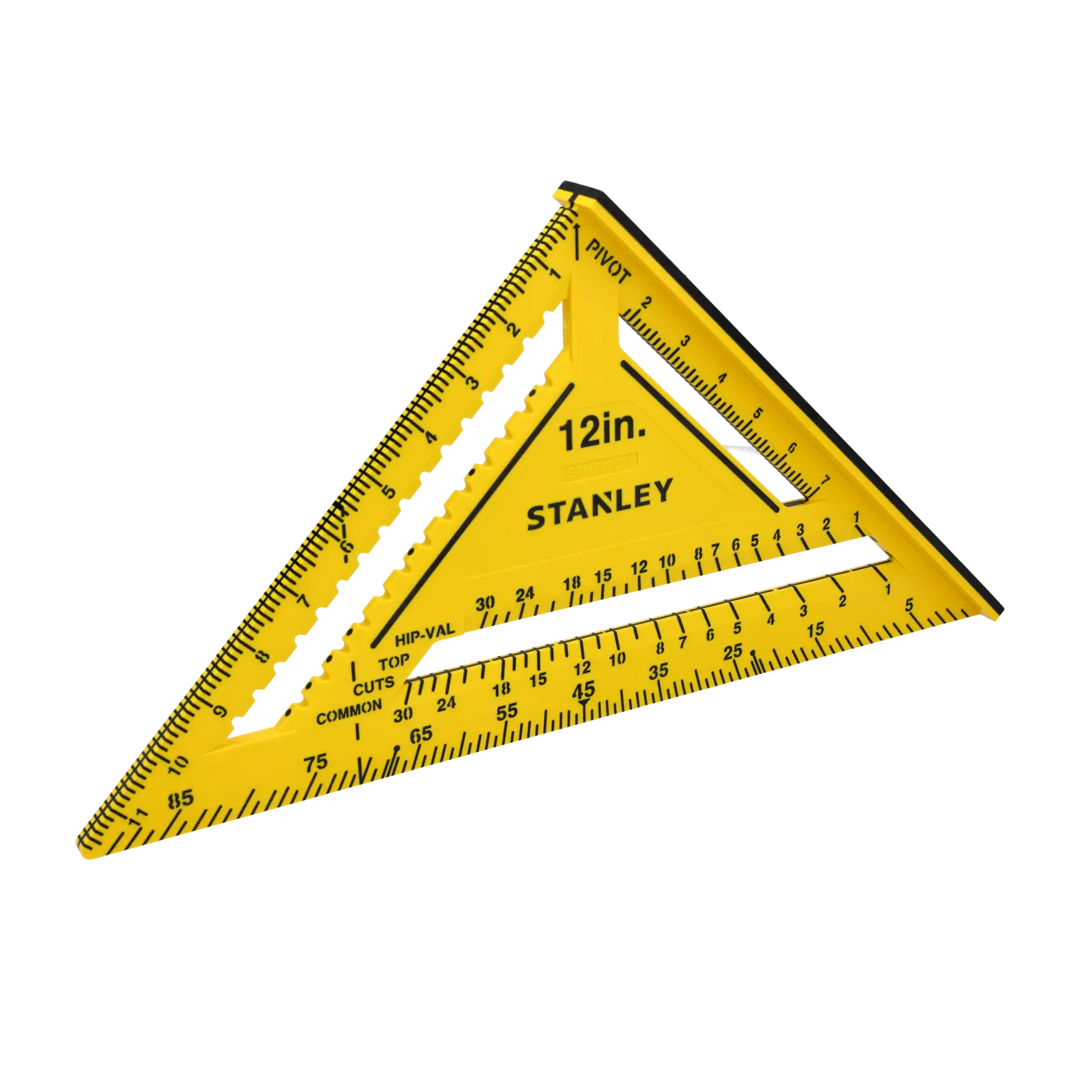 Stanley 12-inch yellow plastic rafter square, angled side view, black markings, white background