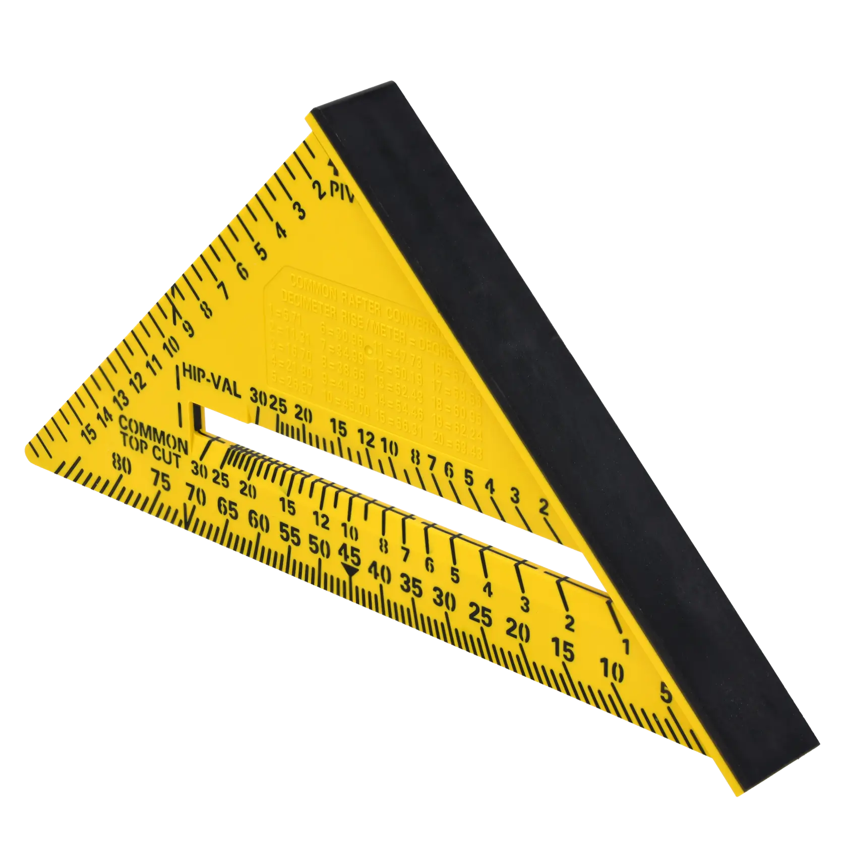 STANLEY STHT46012-0 yellow and black plastic rafter square with measurement markings, top angle, white background.