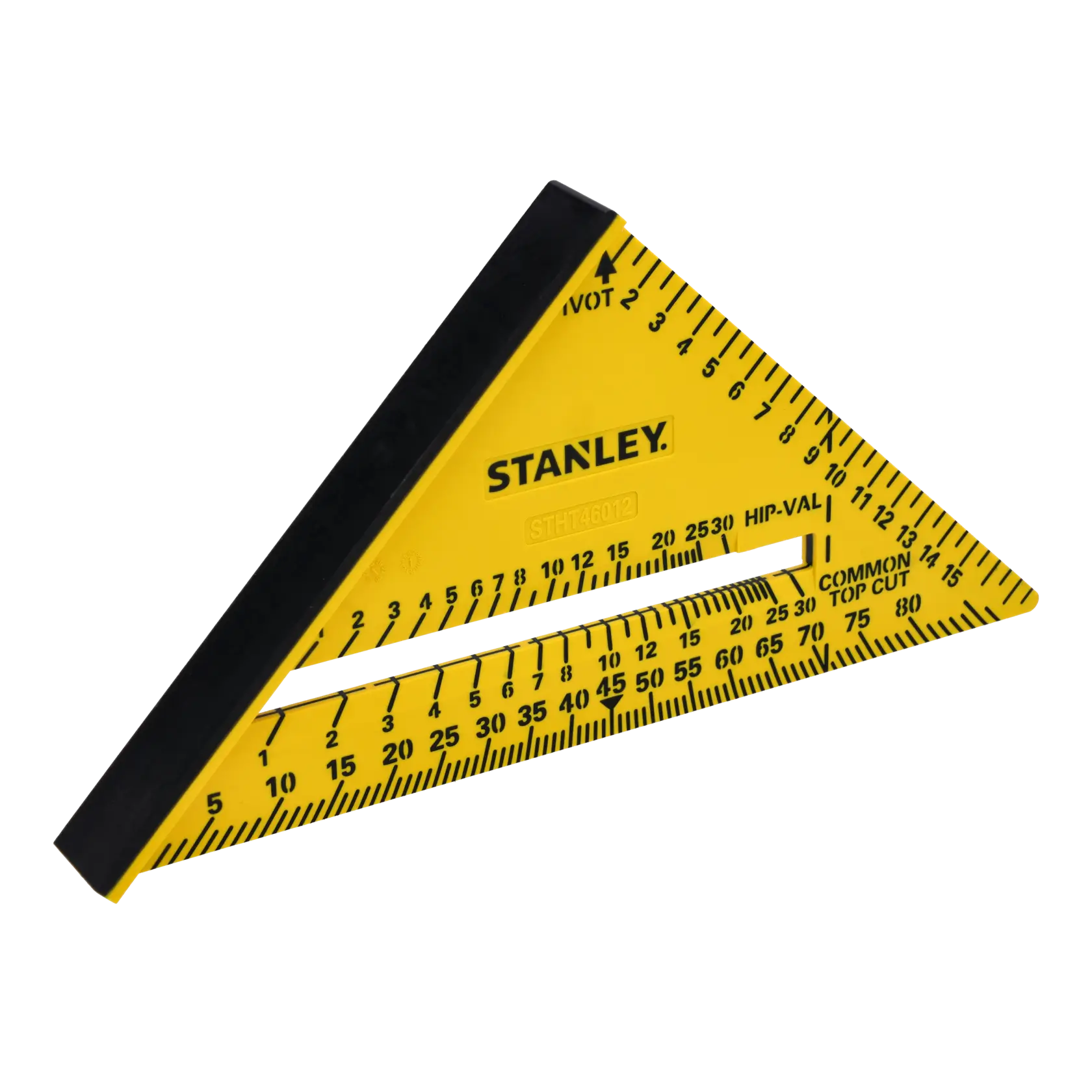 Photo of STANLEY STHT46012-0 yellow plastic try square with black markings, shown at an angle on white background.