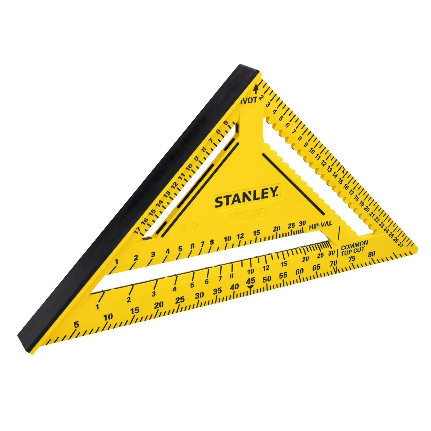 STANLEY STHT46013-0 yellow plastic rafter square with black markings, side view on white background.