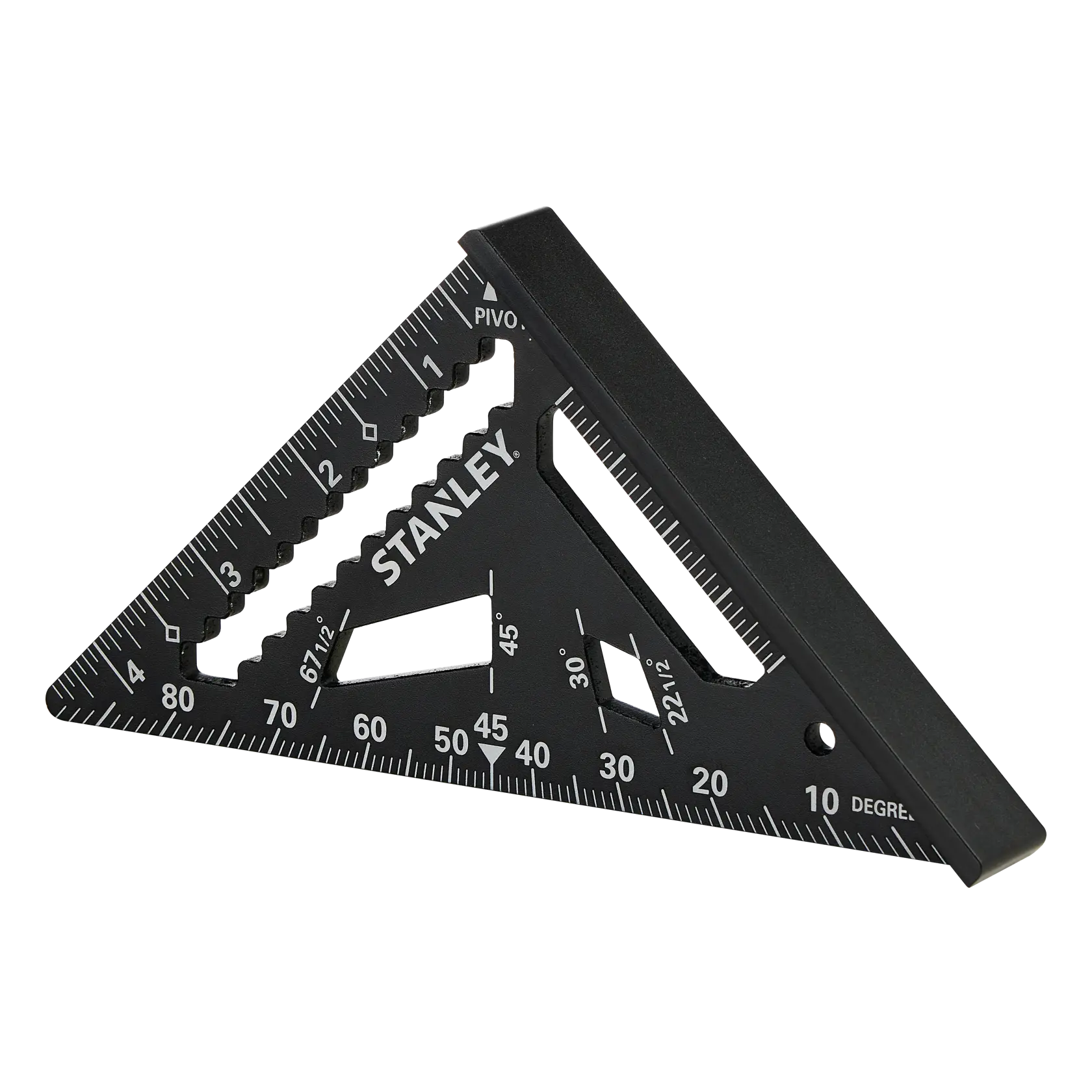 STANLEY STHT46103-0 black rafter square with white measurement markings, angled on white background.