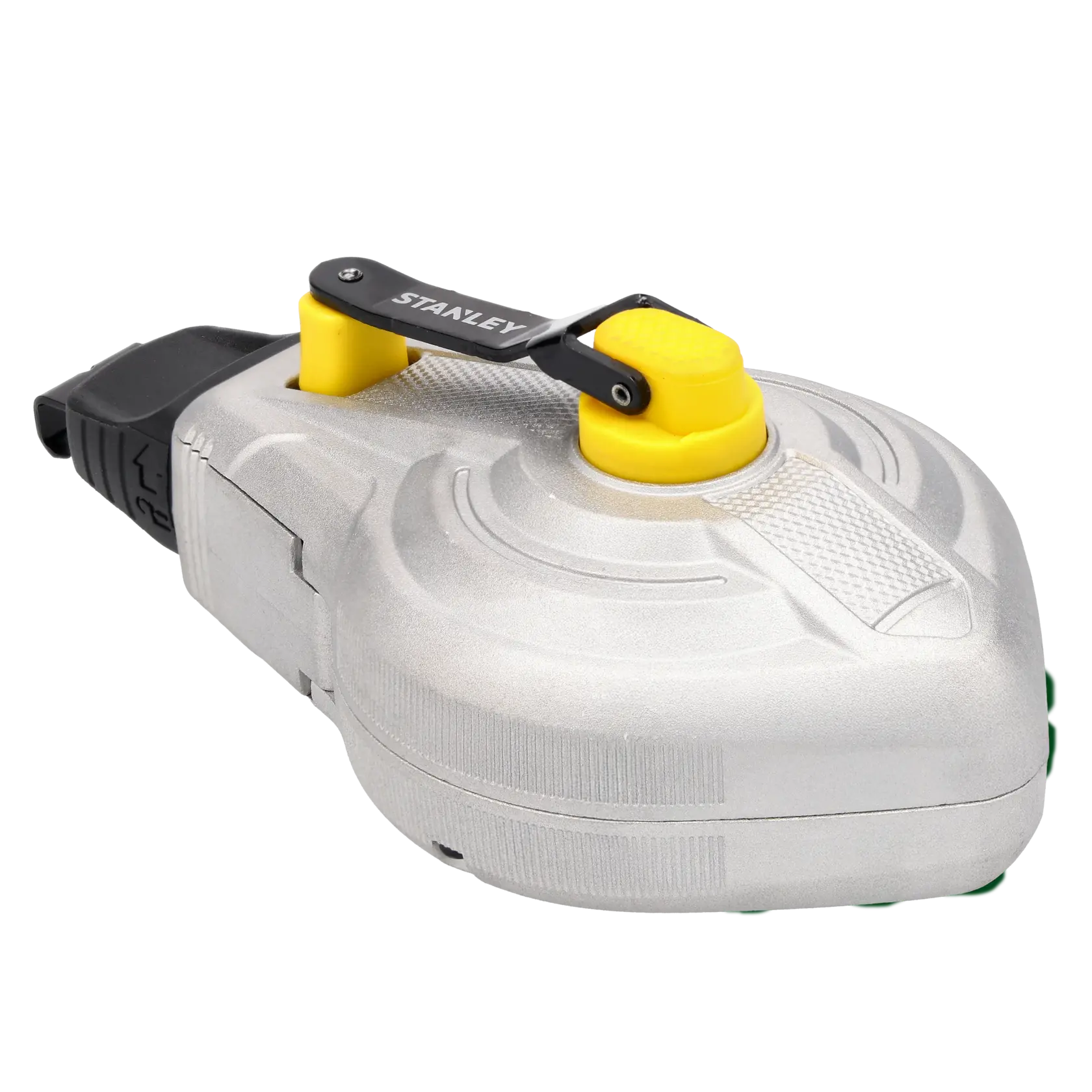 STANLEY STHT47611-0 chalk reel with silver body, yellow crank, and black accents, angle on white background.