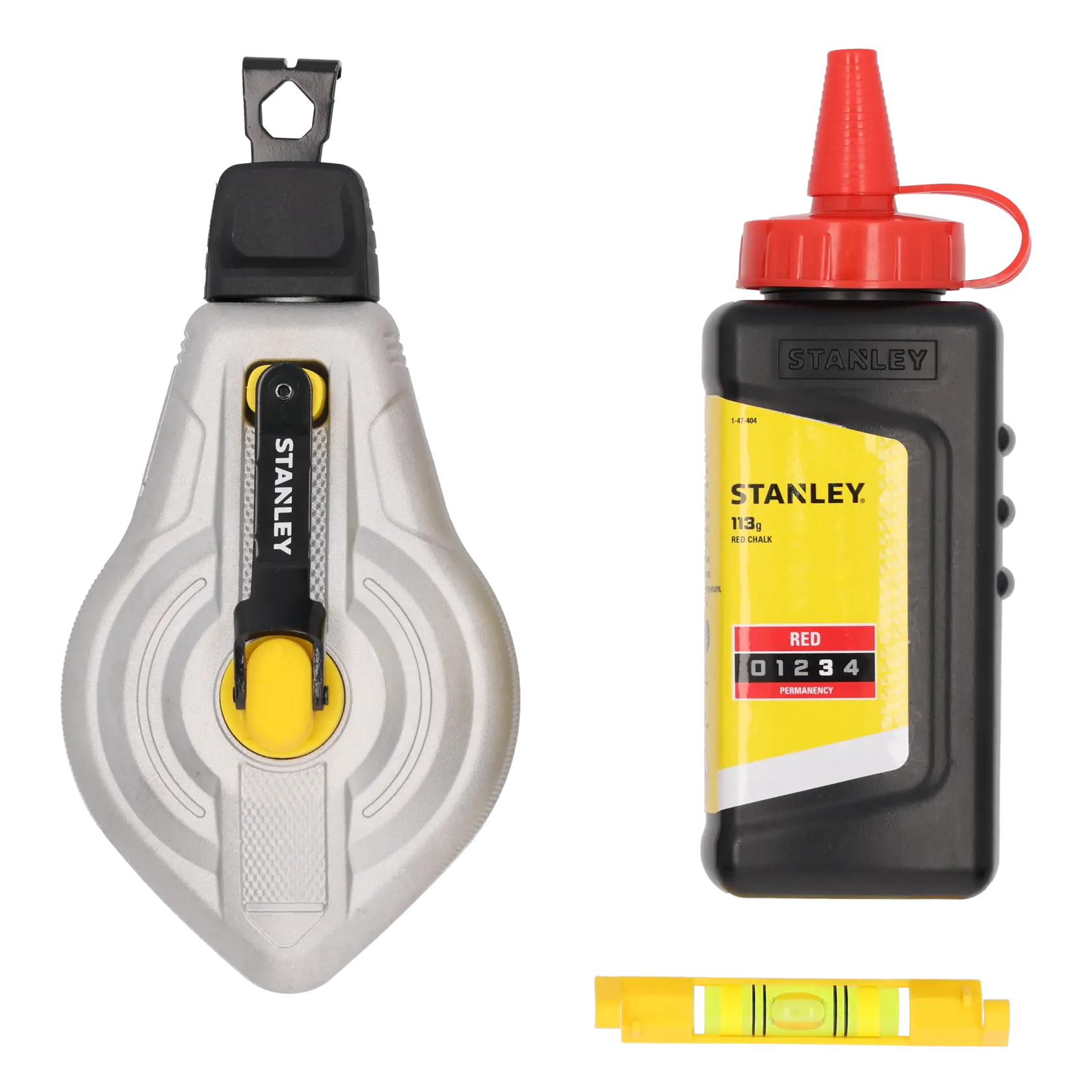 STANLEY STHT47612 chalk line set with silver chalk reel, red chalk bottle, and yellow mini level, front view.