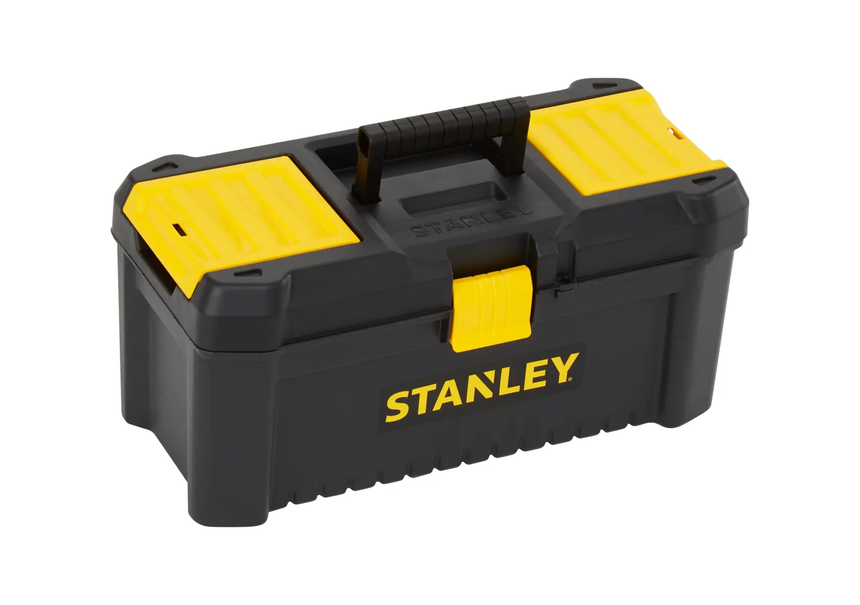 Stanley STST1-75517 black and yellow toolbox, front angle, with top sorted compartments.