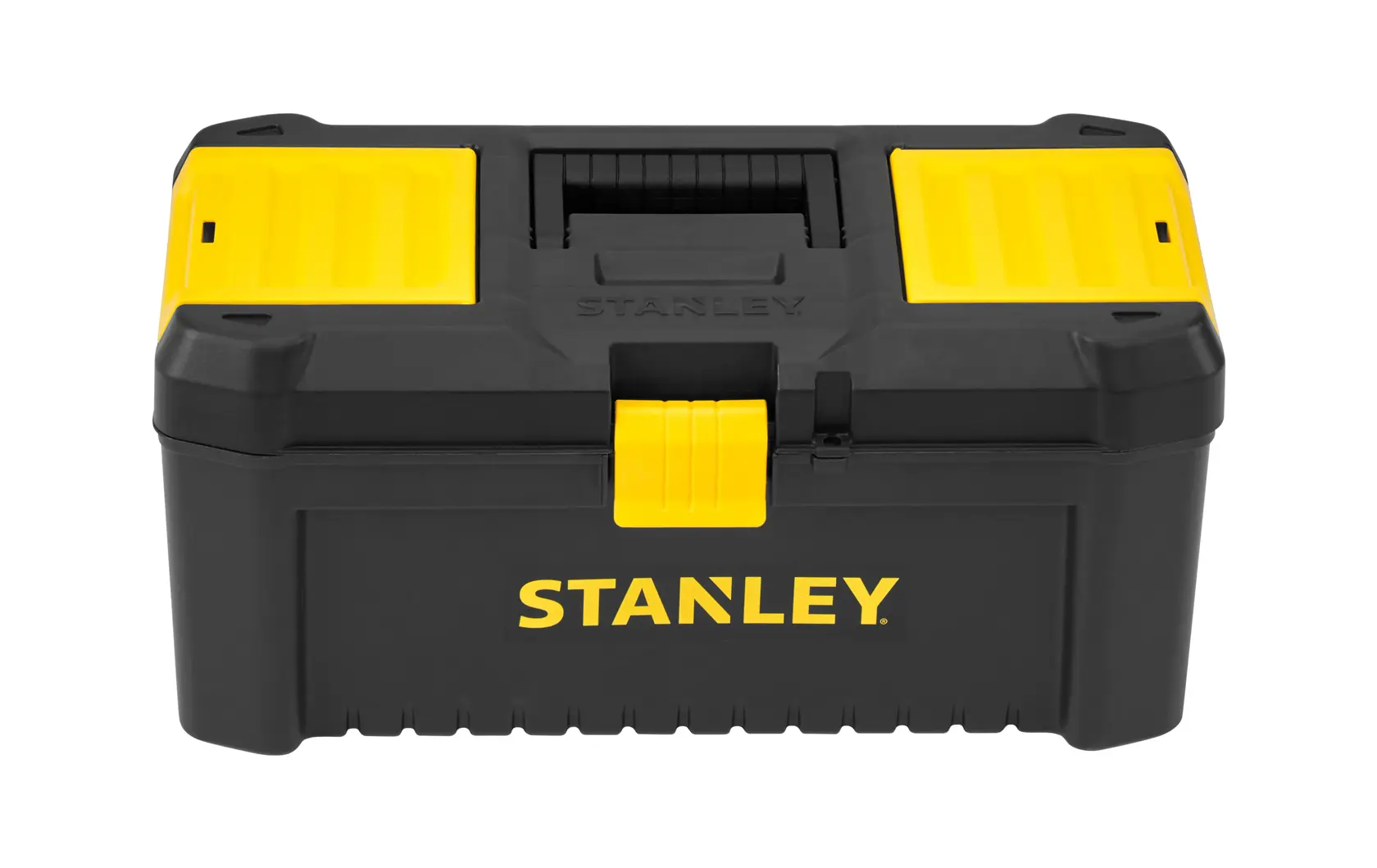 STANLEY STST1-75517 black and yellow toolbox, front angle, with handle and latches, photography category.
