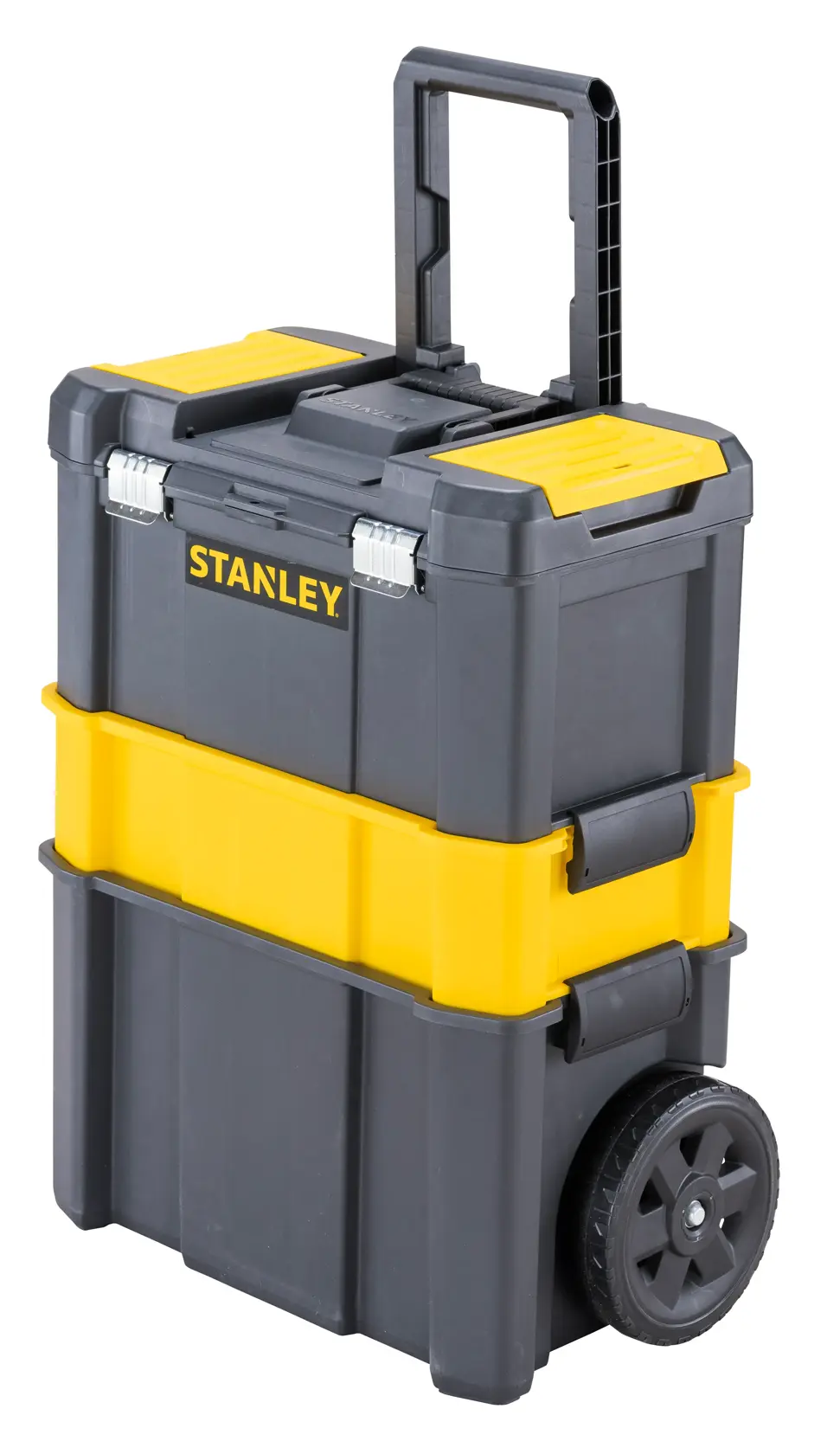 Stanley STST1-80151 black and yellow rolling tool chest, front angle on white background.