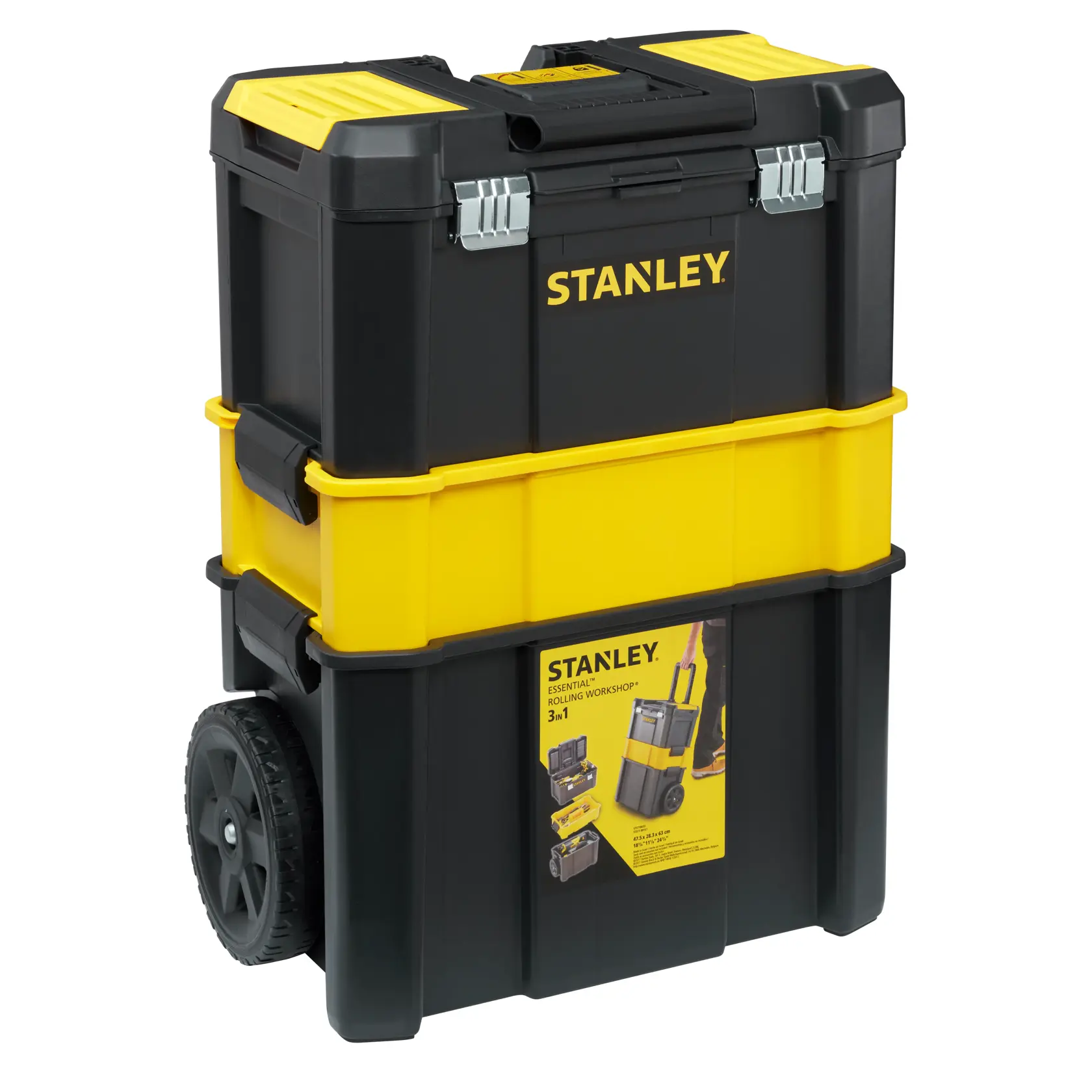 STANLEY STST1-80151 black and yellow rolling workshop with handle and large wheels, front angle on white background.