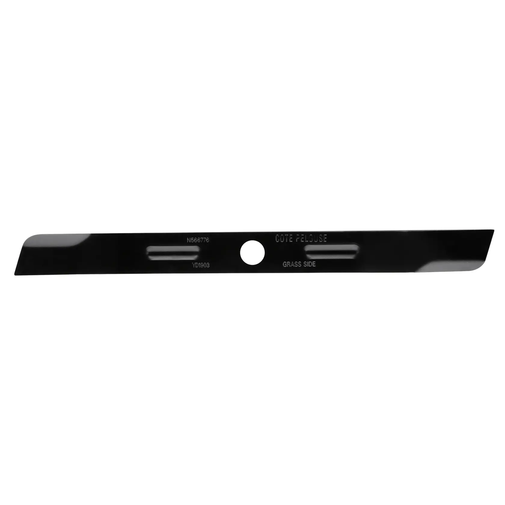 STANLEY STZMW351 lawn mower blade, black metal, single center hole, product category photography, front view.