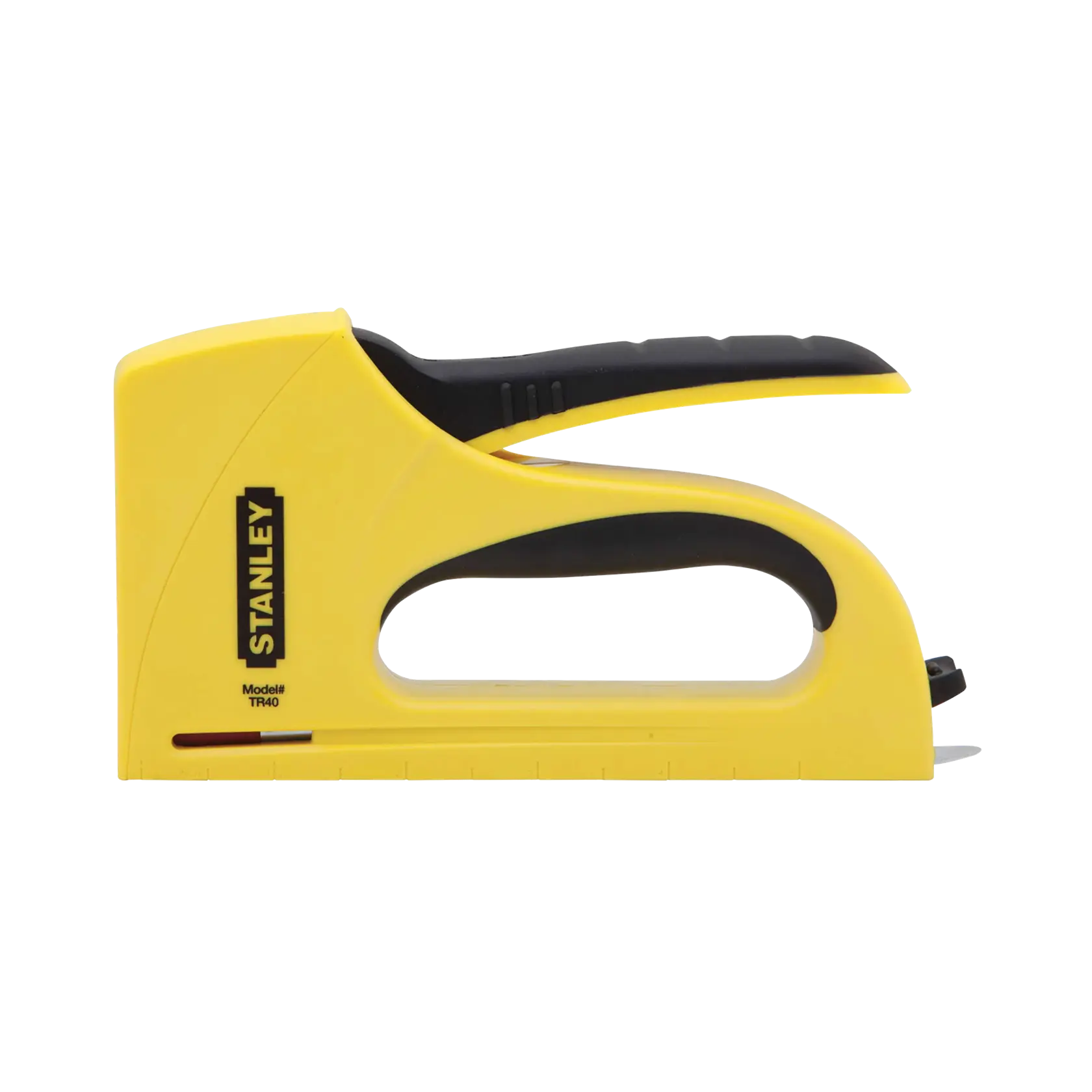 Stanley yellow and black manual staple gun side view on white background