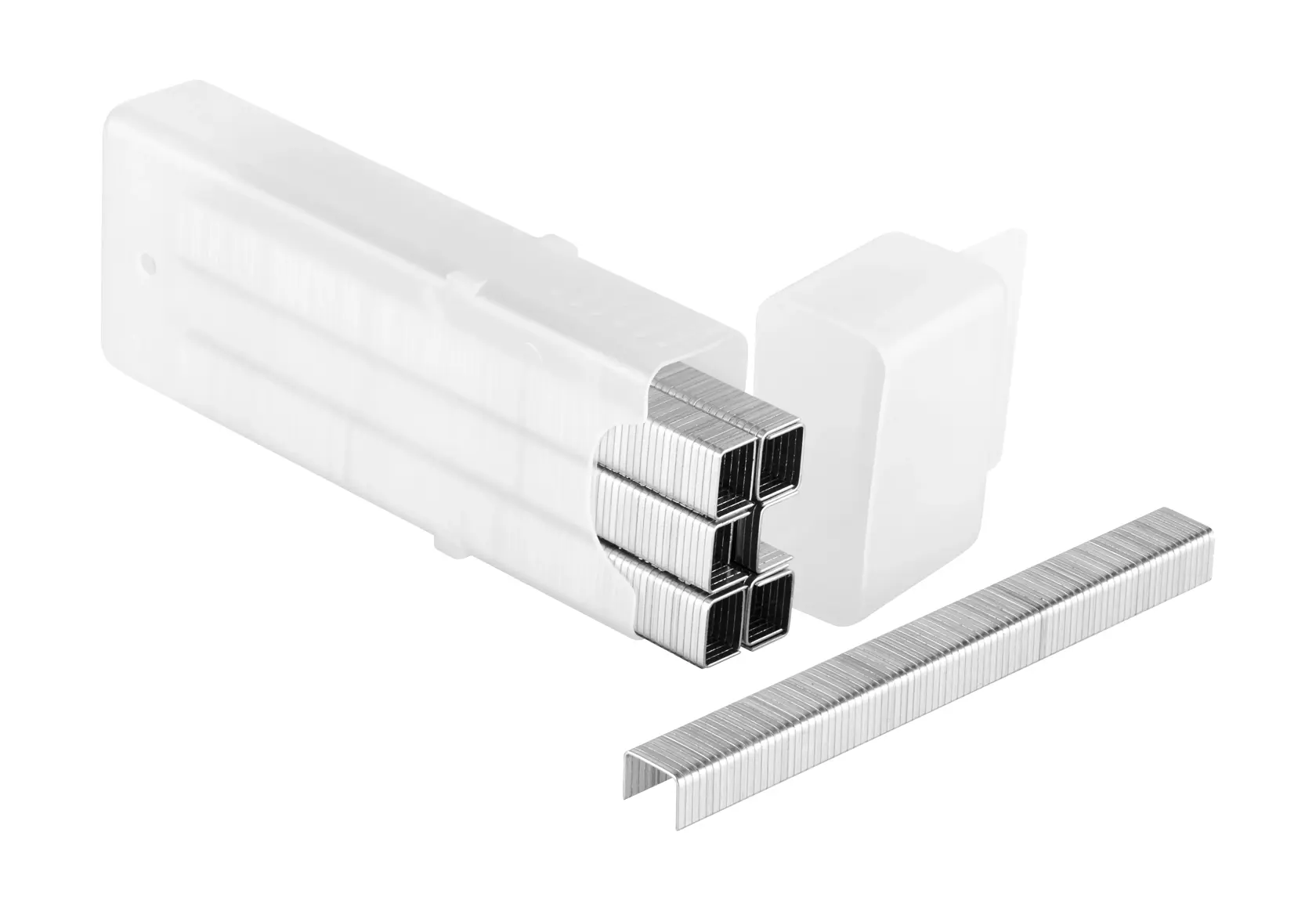 STANLEY TRA705T silver staples bulk pack, close-up angle, showing several rows of staples stacked together.