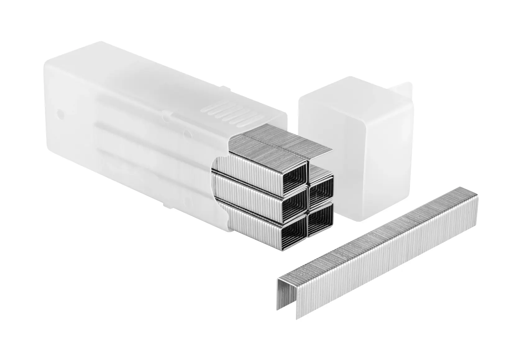 STANLEY TRA709T staples, close-up product photo showing several silver staple strips and white plastic case.